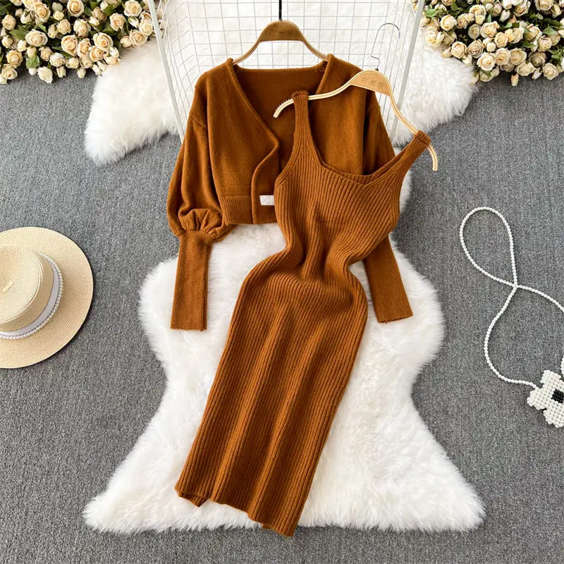 

Женский трикотажный комплект из двух предметов, винтажный Кардиган с длинным рукавом-фонариком и V-образным вырезом, приталенный комплект одежды, T1436