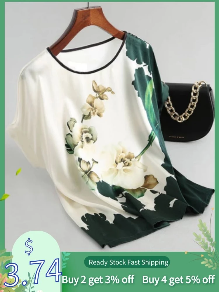 Casual Floral Print Silk Satin Tops Tunic Loose Chemise Women Summer Shirt Fashion O Neck Batwing Sleeve Blouse Blusas Femmes |