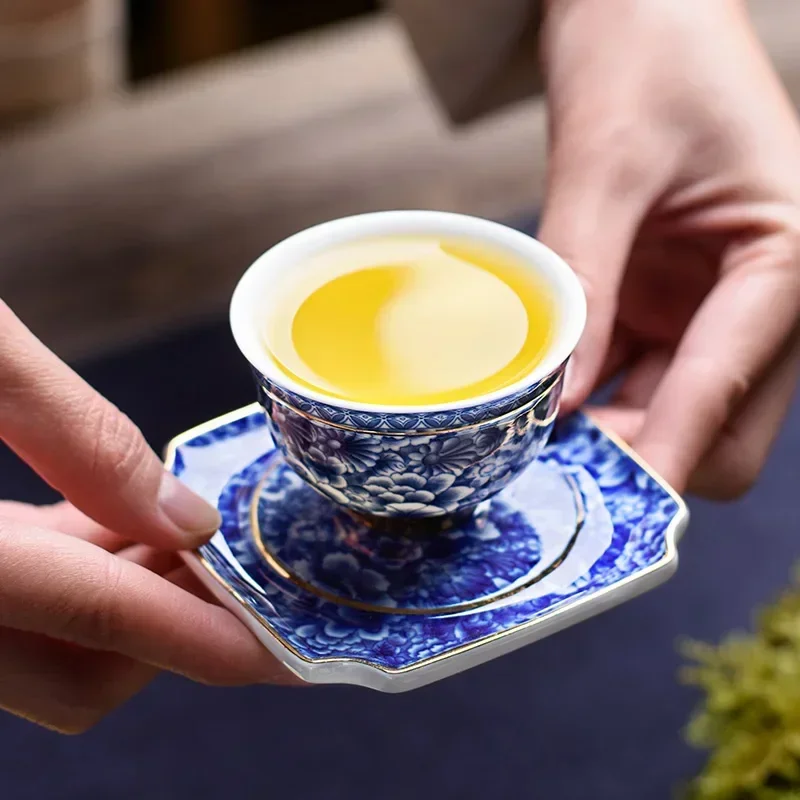 1pc Vintage Master Cup, 1 blue and white porcelain teacup, small tea bowl, ceramic kung fu set, gold edged tea bowl, single cup
