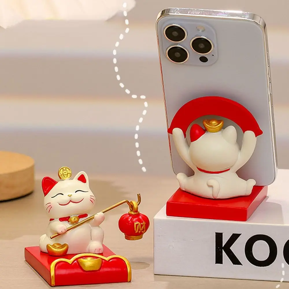 【Stylish】 Figurine Miniature Items Lucky Cat Phone Holder Resin Crafts Exquisite Animal Mobile Phone Stand Realistic Chinese Style