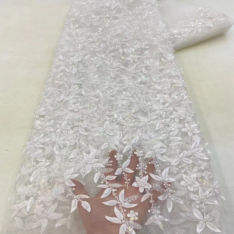 

Heavy Beaded Nigerian Lace Fabric New Design Wedding Lace High Quality Embroidery Mesh And Bead With Sequins TS2095