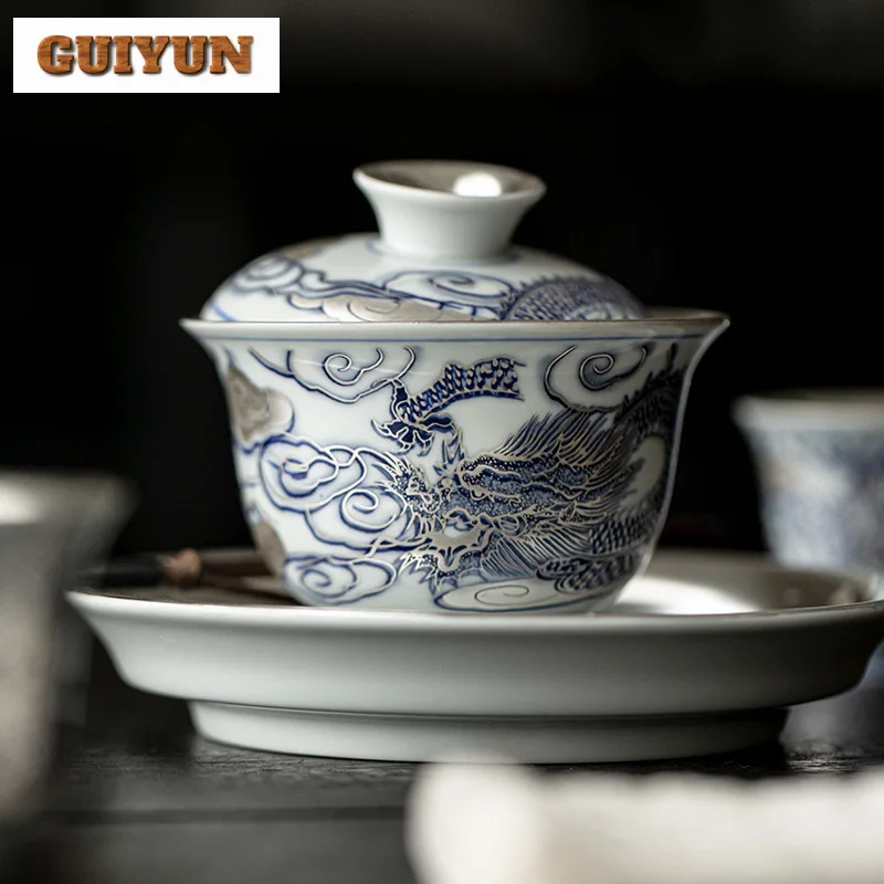 150ml Chinese Zen Dragon Gaiwan Handmade Gilded Silver Tea Bowl Tea Tureen Household Brewing Cover Bowl Cha Items Gift