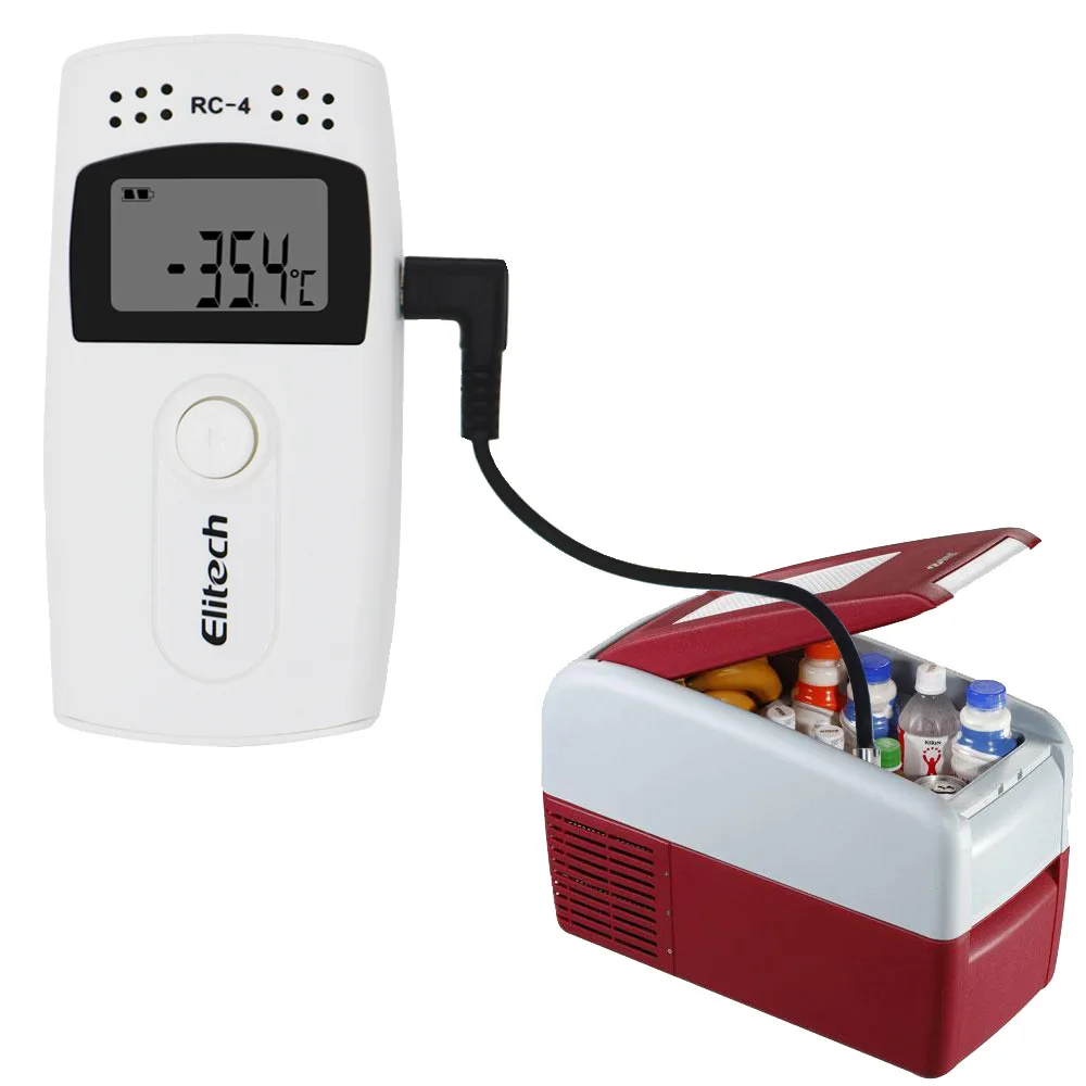Boîte de l'enregistreur de température RC-4 USB avec accessoires, câble USB et sonde externe, outil essentiel pour la chaîne du froid.