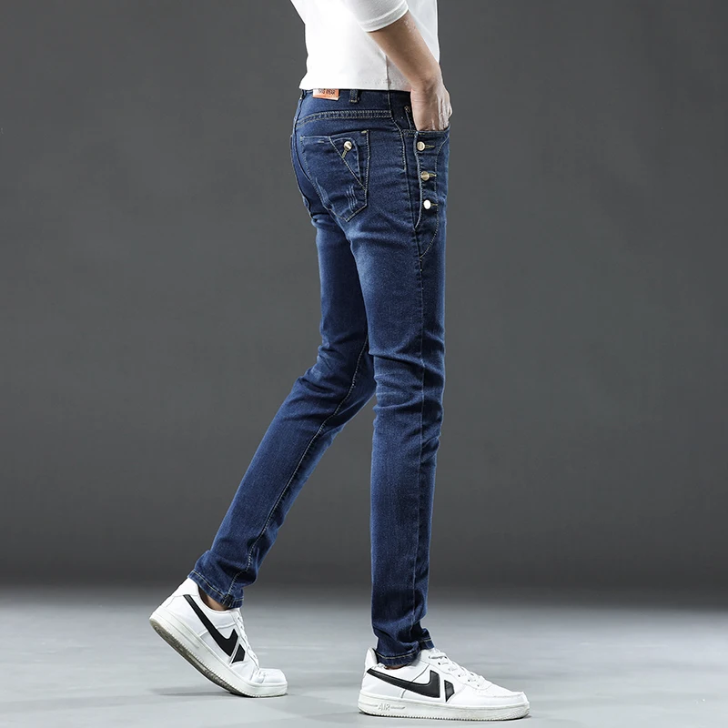 Men Jeans Slim Korean Button Stretch Multi-button Youth Denim Pants