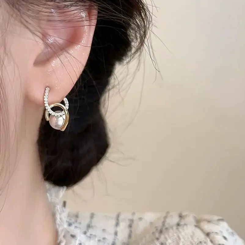 

SAMEME Luxury Pearl Piercing Earrings Diamond CC Silver Earrings Pin Women's Banquet Fine Jewelry
