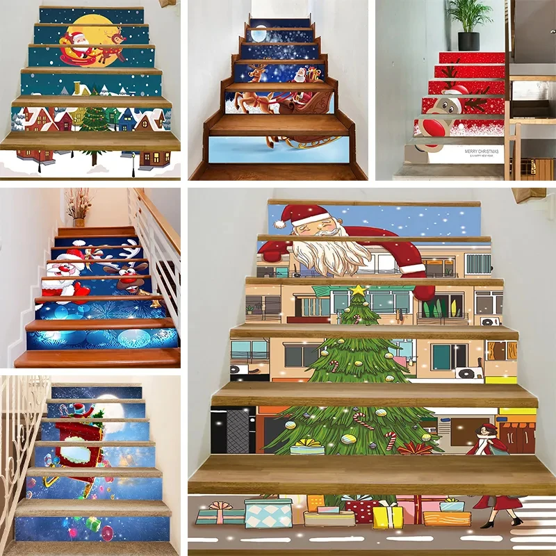 Merry Christmas Staircase Stickers Xmas Strips Stair Murals Decal PVC Waterproof Self-adhesive Stairs Risers Sticker Home Decor