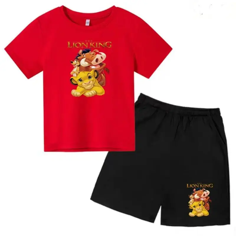 thumbnail image 1 of Conjunto de 2 piezas de camiseta y pantalones cortos con estampado de El Rey León Simba para niños y adolescentes, ropa informal de manga corta, traje de moda, 1 of 5