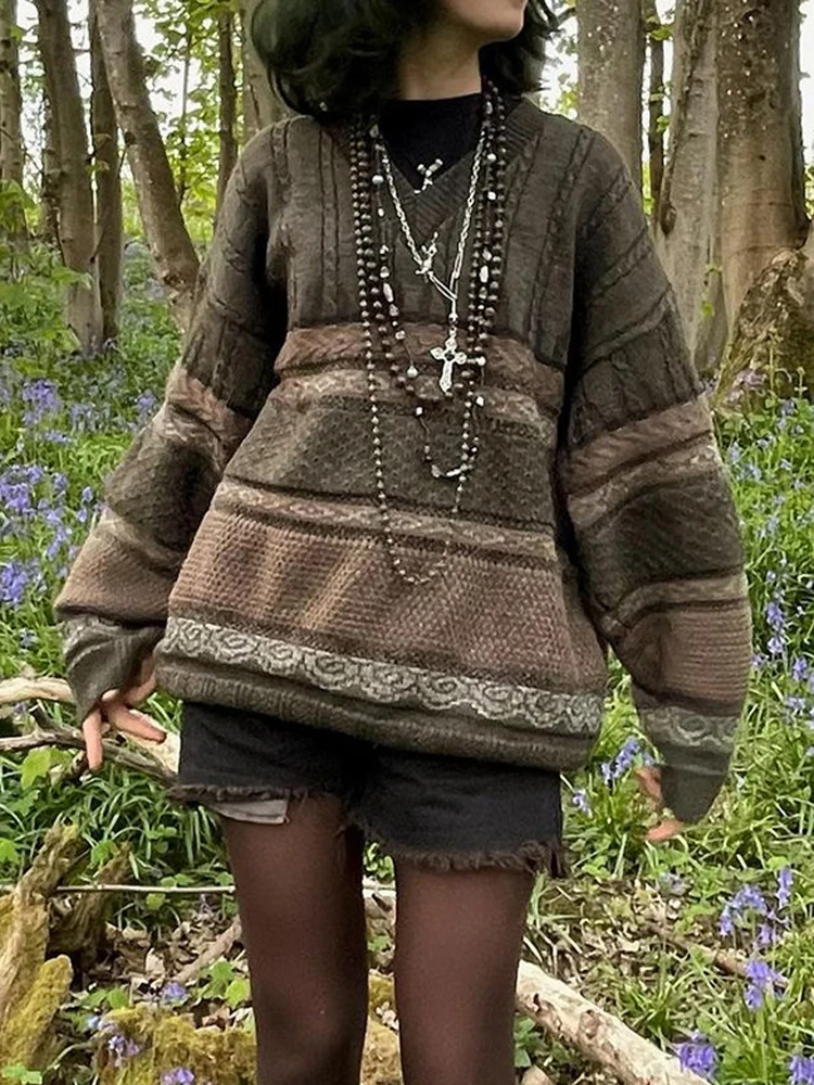 

Женский полосатый свитер в стиле пэчворк, осенне-зимний трикотажный пуловер оверсайз с V-образным вырезом, Y2K