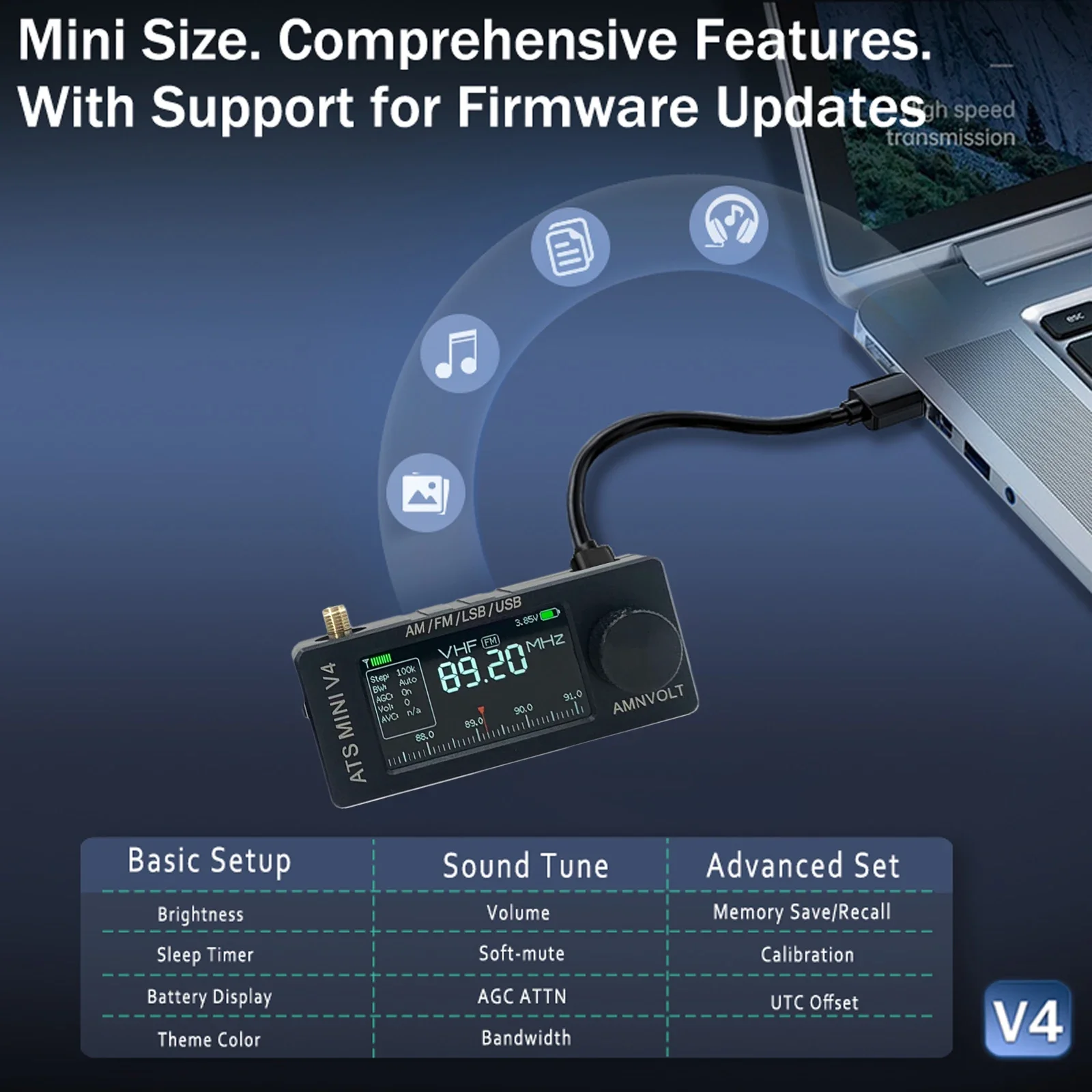 AMNVOLT V4 ATS MINI SI4732 Radio ALL Band DSP Radio FM AM SSB LSB USB Receiver, built-in Hi-Z Headphone Amplifier Circuit