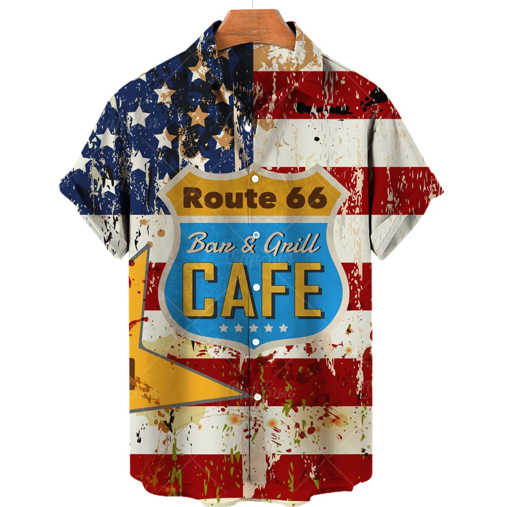 

2022 summer route 66 vintage shirt American flag 3d print Hawaiian shirt vintage shirt breathable short sleeve lapel shirt men