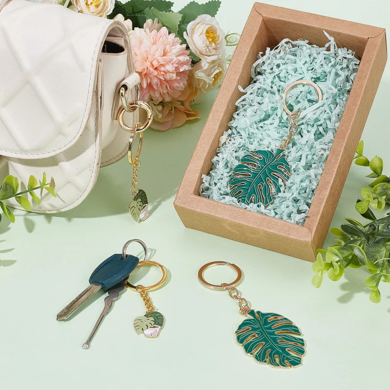 4Pcs Palm Leaf Enamel Keychain Tropical Plant Green Monstera Leaves Key Chain Cute Hanging Pendant Charm Keyrings for Purse Car