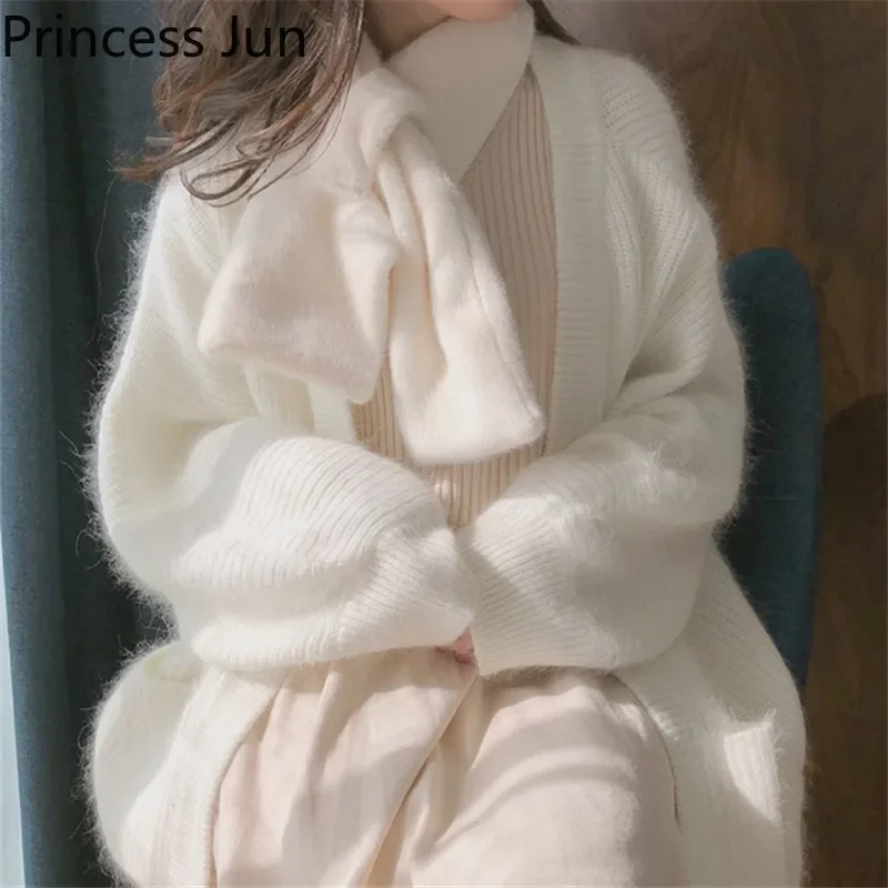 

Women 2021 New Autumn Winter Fashion Milk White Sweater Ivory Long Soft Fur Knit Cardigan Retro Sweet Girl Warm Knitwear Tops