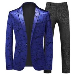 Autumn New Men's Prom Party Dress Suit Black / Blue Fashion Men Small Jacquard Blazers Jacket and Pants Size 6XL-S