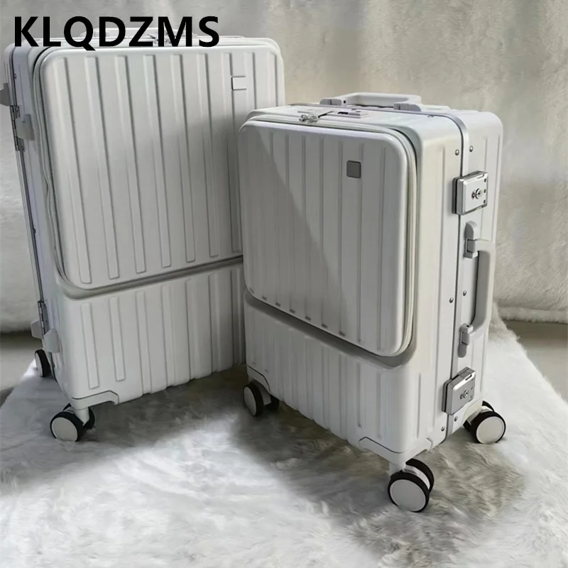 KLQDZMS Cabin Luggage Front Opening Laptop Trolley Case Aluminum Frame Boarding Case Trolley Travel Bag USB Charging Suitcase