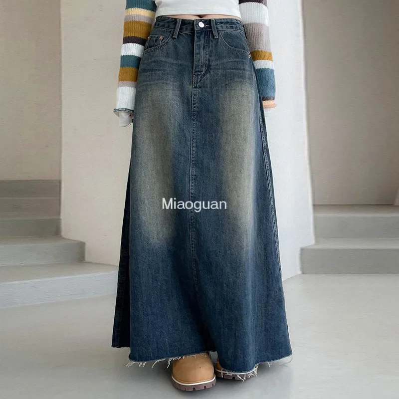 

American Retro Denim Skirt Women 2024 New Fashion Washed Old Pocket Raw Edge Over The Knee Casual A-line Long Skirt Denim Skirt
