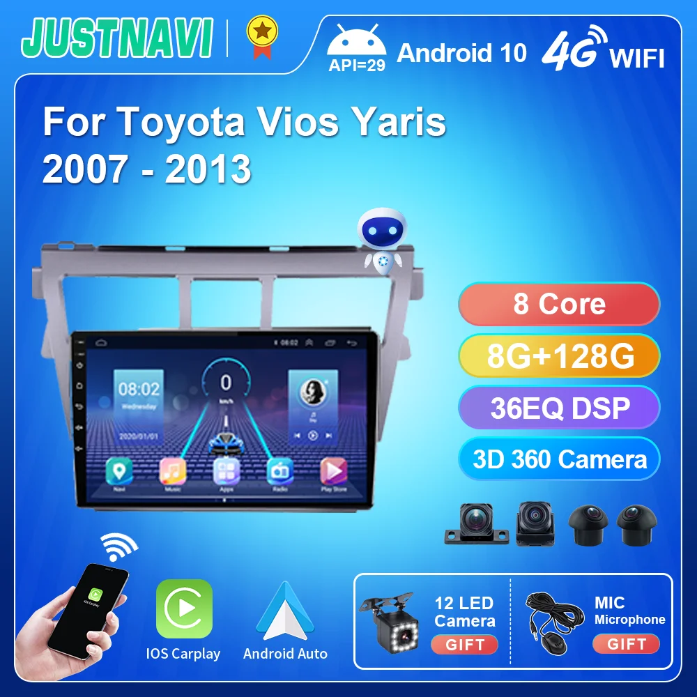 

JUSTNAVI Car Radio Stereo For Toyota Vios Yaris 2007 2008-2012 Multimedia Video Player Android Auto Carplay GPS Navigation 2Din