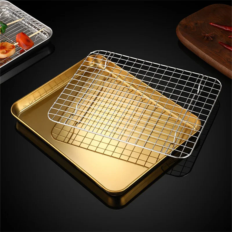 Stainless Steel Barbecue Tray with Cooling Rack Silver Golden Grid Bakeware Kitchen BBQ Baking Pan Fruit Food Plate Organizers 2