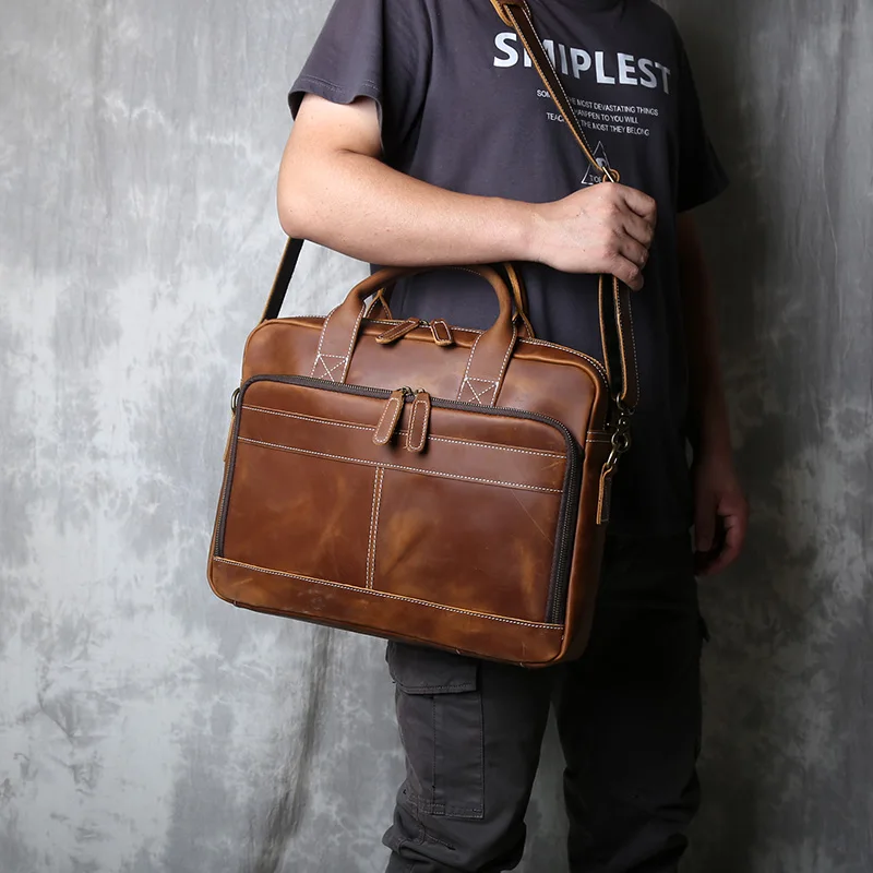 Genuine Leather Vintage Briefcase Men's Head Layer Leather Horizontal Large Capacity Business Casual Handbag
