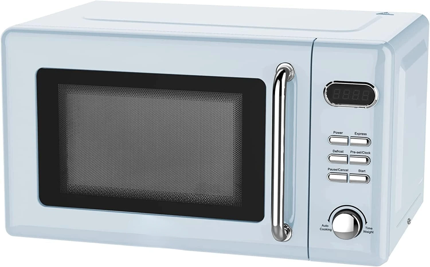 

Cu Ft Retro Digital Microwave Oven, 700W with 5 Micro Power Levels, 8 Pre-Programmed Settings, Express & Defrost, Chrome Han Mic