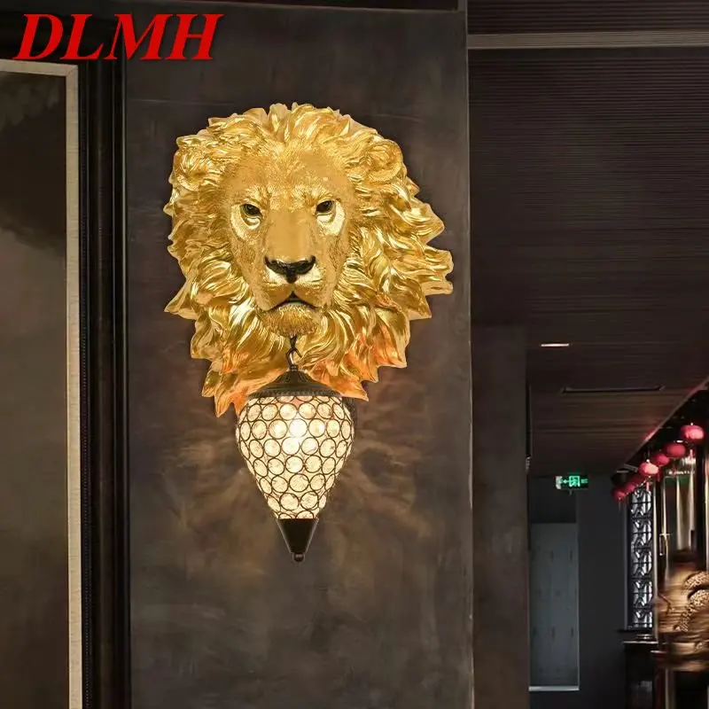 

DLMH Modern Gold Lion Wall Lamp LED Vintage Creative Resin Sconce Light for Home Living Room Background Corridor Decor