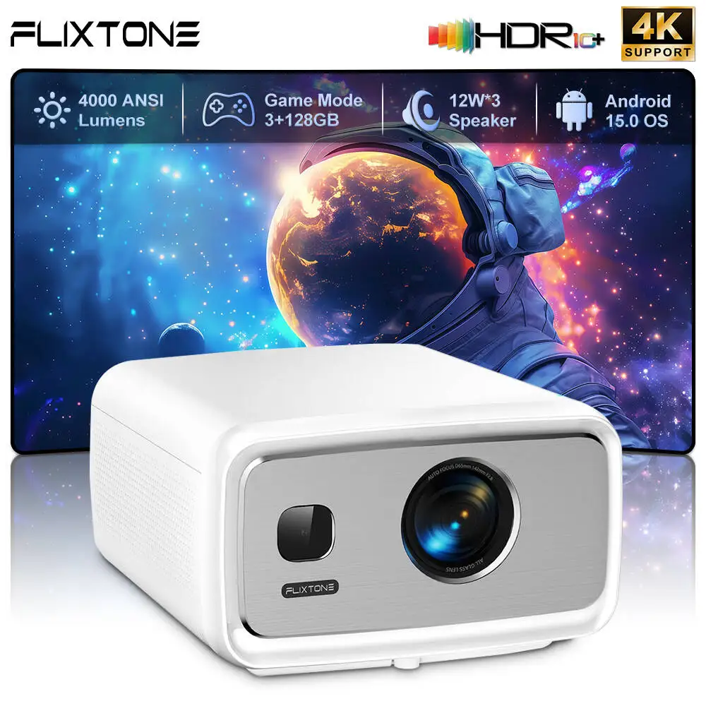 플릭스톤 D10S 4000 안시 4K 풀 HD 프로젝터, 홈 빔 프로젝터 비디오 시네마 HDR10 MEMC 안드로이드 15.0 3G 128G 시어터 빔프로젝터