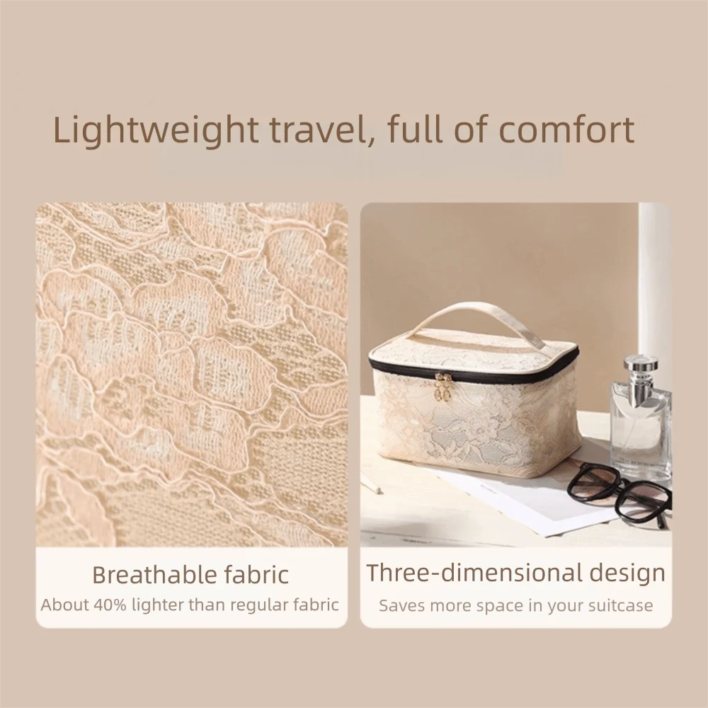Elegante Tragbare Kosmetiktasche mit Spitzenblumenmuster Reise-Toilettentasche mit Griff Große Kapazität Handtasche für Damen – Detail 2