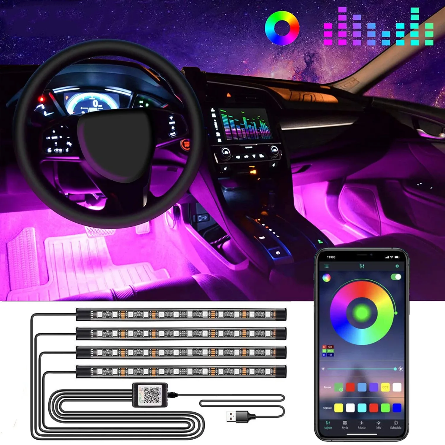 4in1 Interior car led lights ambiente light APP Wireless remote control auto  neon light car interior light strip Foot Spotlights - AliExpress