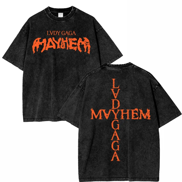 Vintage Washed Lady Gaga The Mayhem Ball Tour 2025 T Shirt Fashion Men/Women Aesthetic High Quality Acid Wash 100% Cotton Tees 1