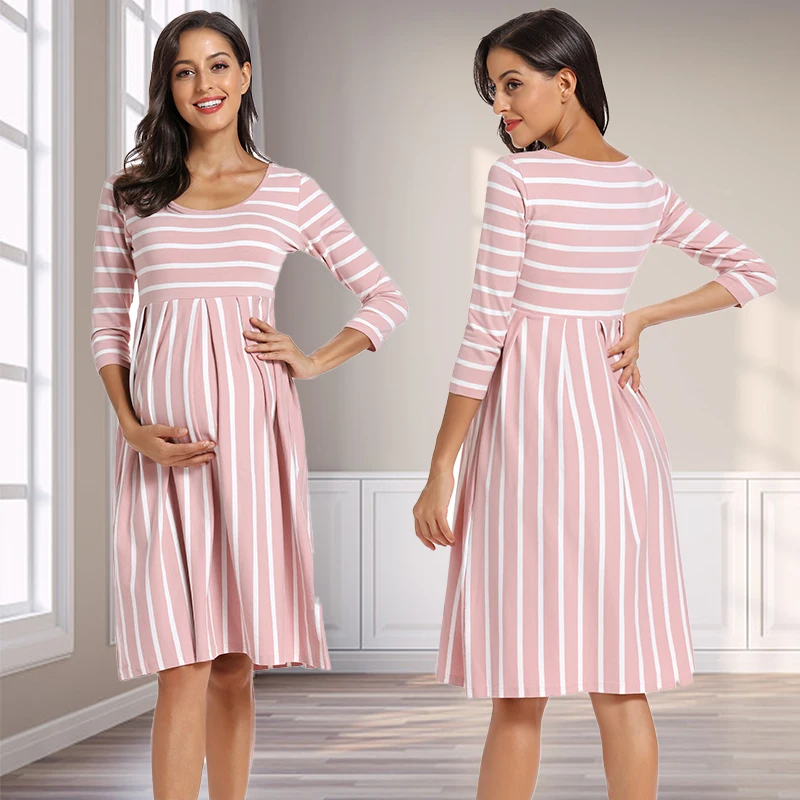 

Round neck short sleeved maternity dress Summer casual striped maternity dress Short sleeved knee length maternity dress