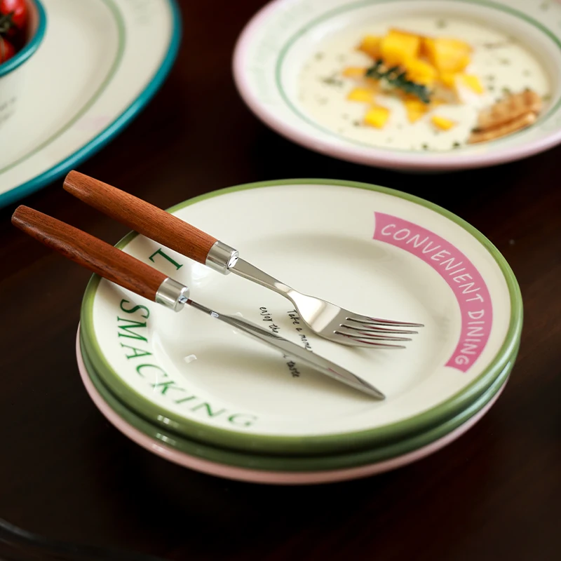 Ceramic Tableware Set Dinner Plate Rice Bowl Dishes Cute Simple Letter Printing Round Plate Home Party Tableware Warmhouse Gift