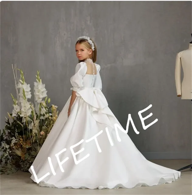 632px x 640px - Girls Wedding Dress Princess White Satin Princess A Line Kids Vintage First  Communion Dresses Children Outfit Size 1-16Years - AliExpress