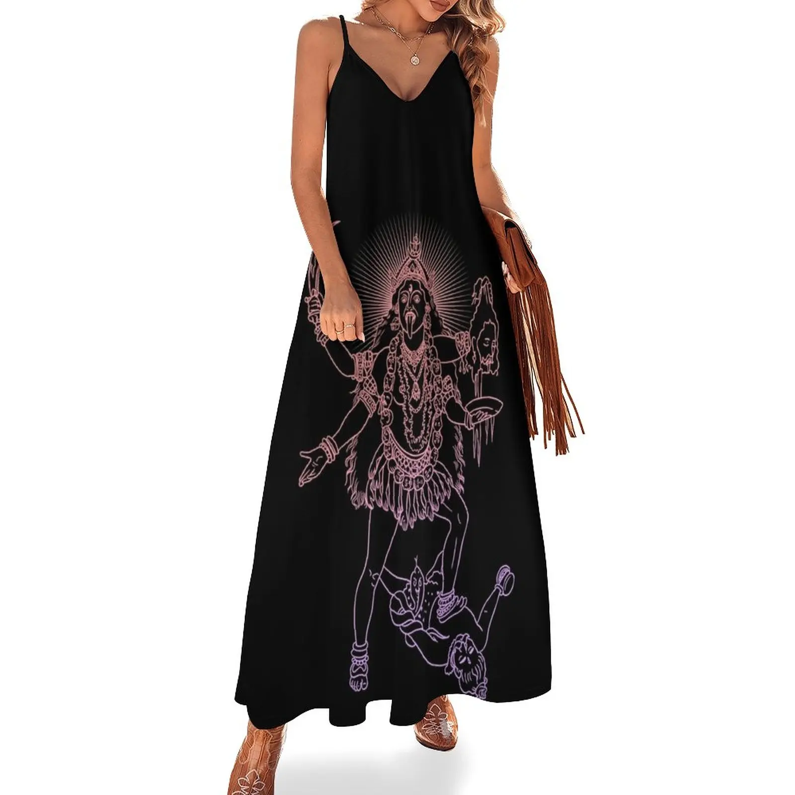 

New Hindu goddess Kali line drawing vector illustration, death, asian spiritual symbol, oriental wisdom, yoga, Sleeveless Dress