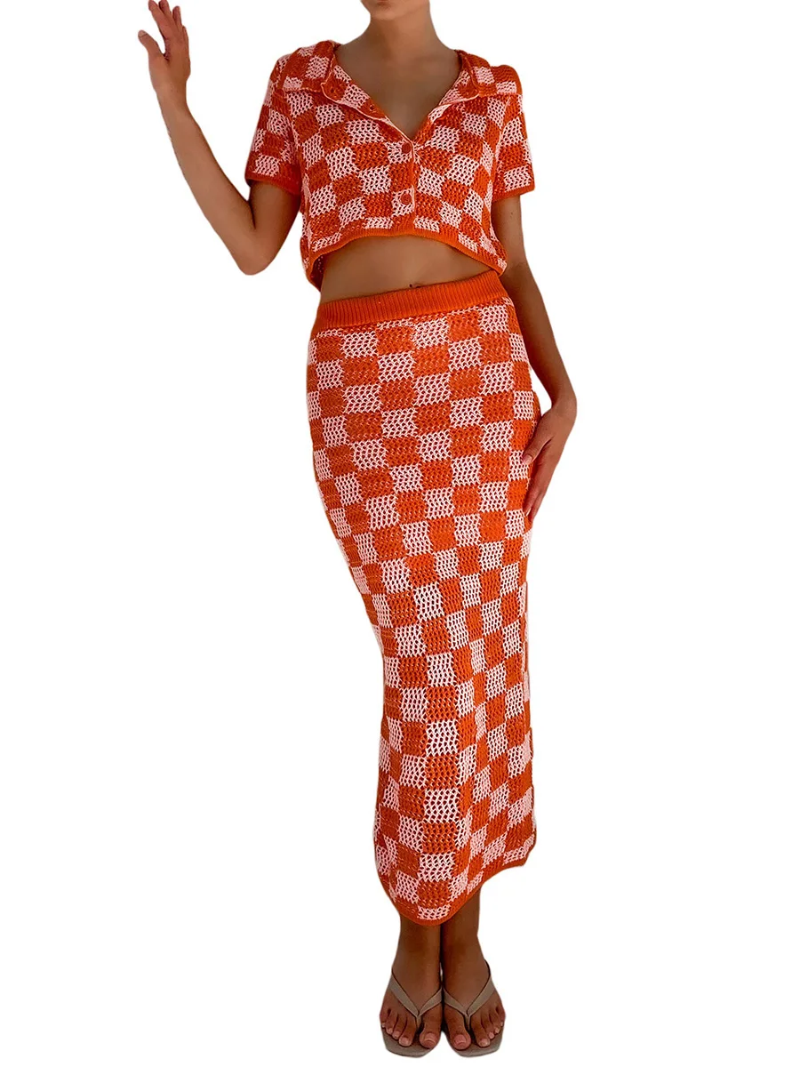 

Women Y2k Crochet Knit Skirts Set 2 Piece Bodycon Outfits Set Short Sleeve Shirt Crop Top High Waist Long Skirt Suits