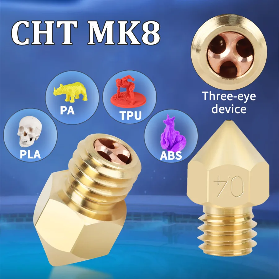 

MK8 CHT Nozzle Brass High Flow 0.2/0.3/0.4/0.5/0.6/0.8/1.0mm 3D Printer Parts Clone CHT MK8 Nozzles For Ender 3 CR10 KP3S Pro