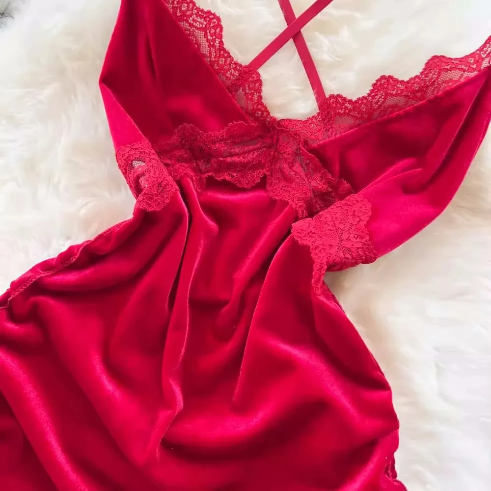 V-neck Sexy Golden velvet Hollowed Lace Backless Lingerie Tie Up Waist Cinched Sleeping Dress Women Pure Slim Cosplay Dress