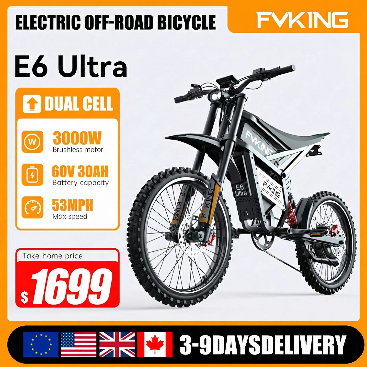 FVKING E6 Ultra Electric Bike 6000W Peak Electric Dirt Bike 60V30AH Battery 100km Speed 80Kmh Mountain Electric Motorcycle adult