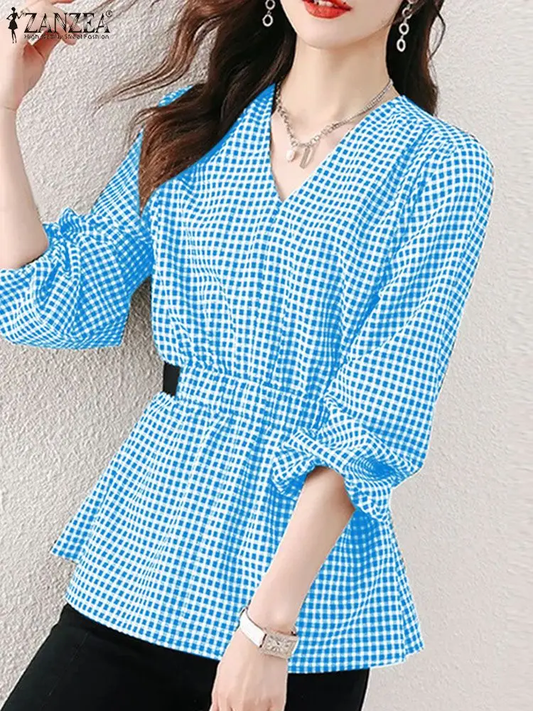 

ZANZEA Summer V Neck Blusas Casual Long Sleeve Waisted Plaid Shirt 2024 Fashion Women Daily OL Work Tops Checked Stylish Blouses