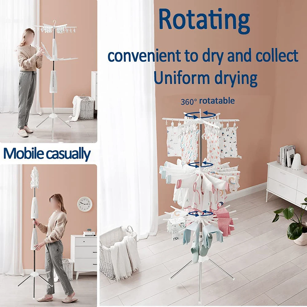 

Laundry Coat Hanger Foldable Stand w/Stainless Steel 3 Tier & Collapsible Wall Mounted Hanger 7 Drying Rods (White)