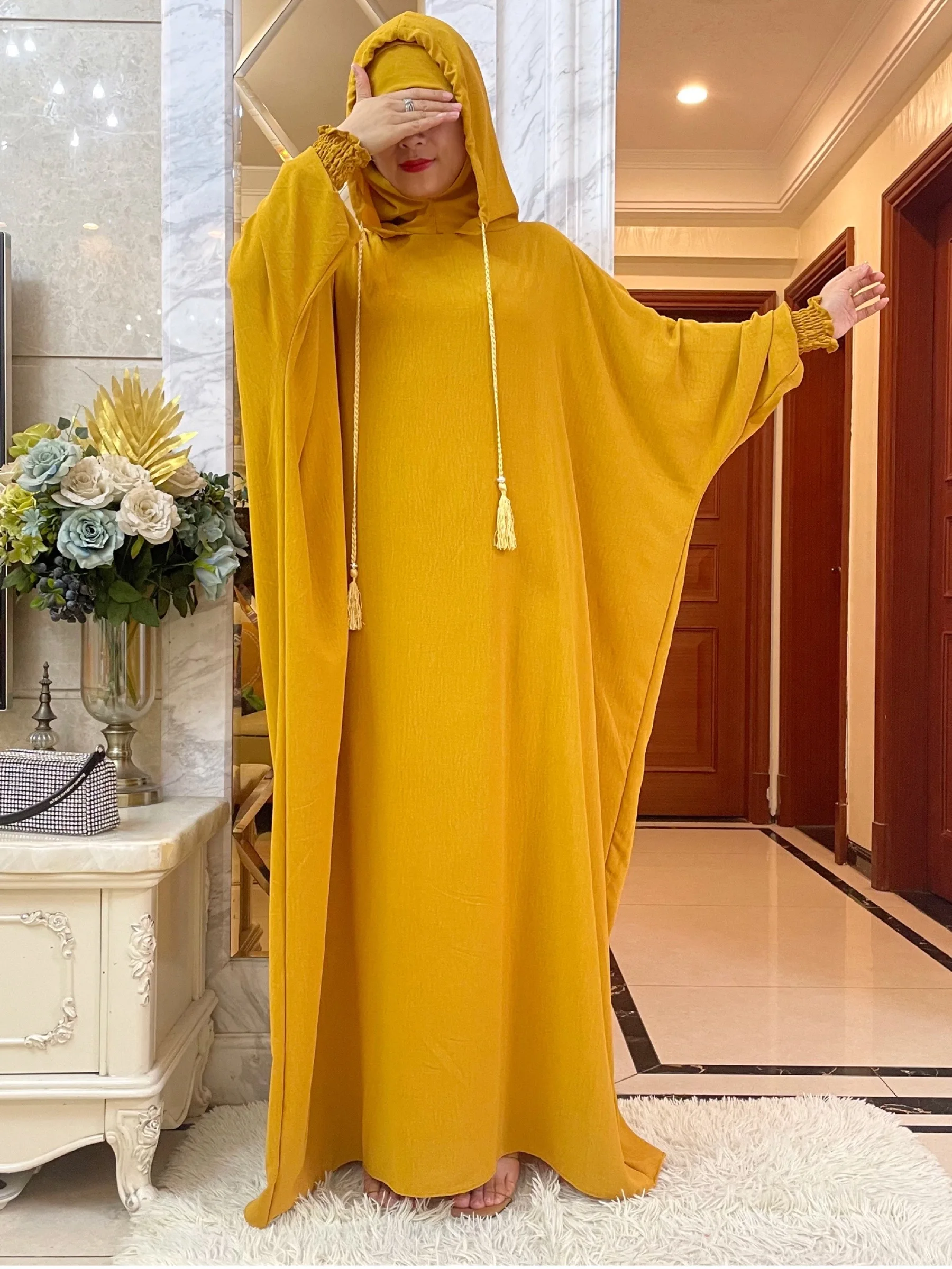 New Ramadan MuslimTwo Hats Abaya Dubai Turkey Islam Prayer Clothes High grade Ice Silk Fabric Dresses