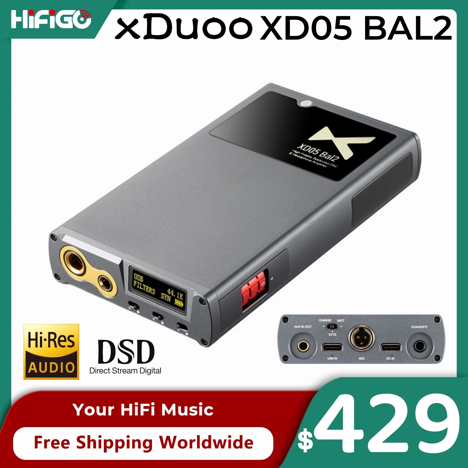 

XDuoo XD05 Bal2 Portable HiFi Balanced DAC AMP Bluetooth 5.1 XU316 Headphone Amplifier 1500mW Output Power 4.4mm Port Decoder