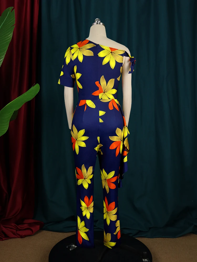 Jumpsuits for Women 2024 Elegant Floral Print Skew Shoulder Floral Printed High Waist Overalls Ladies Evening Cocktail Party 4XL