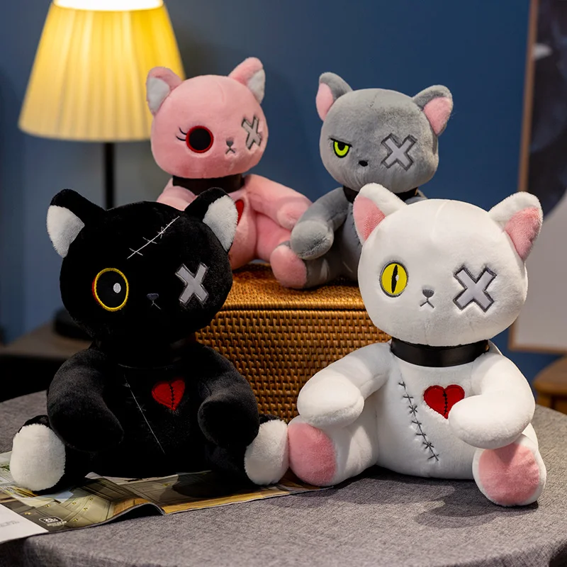 Kawaii Anime Cartoon Dark Series Cat Toy Heart Cat Doll Gothic Rock Style Plush Children Baby Toy Home Decoration Halloween Gift