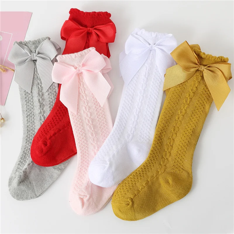 

Blotona Baby Girls Breathable Long Socks Solid Color Cute Bowknot Princess Mesh Socks Infant Spring Summer Casual Stockings