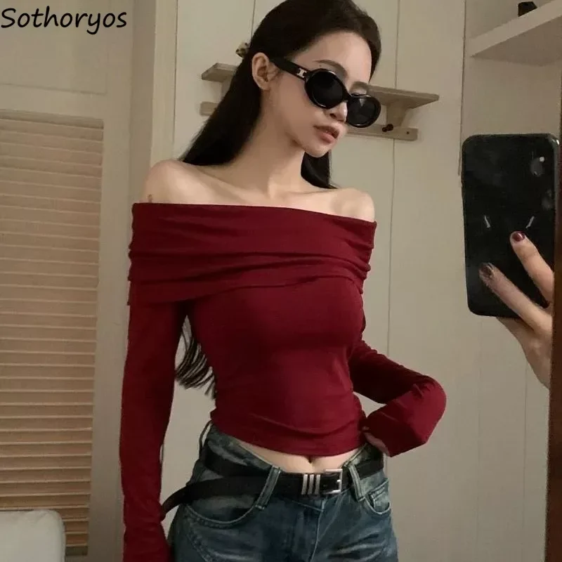 

Red Pullovers Women Slash Neck American Retro Hotsweet Female Off-shoulder Long-sleeve Knitted Sexy Skinny Basic Fashion Cropped