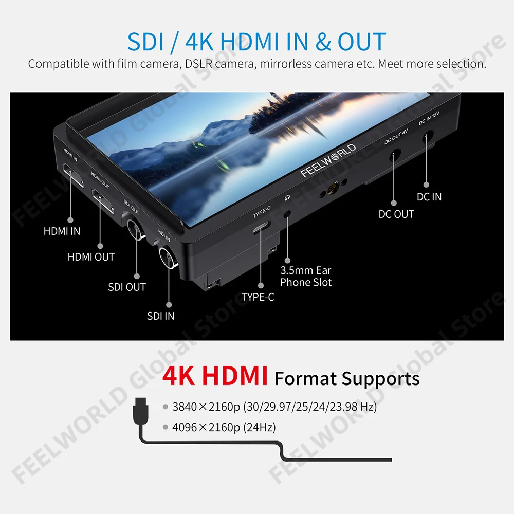 FEELWORLD FW568S 6 Inch On Camera Video Monitor IPS 1920X1080 3G-SDI 4K HDMI Input OUtput F970 External Power and Install Kit portable monitor dslr field monitor