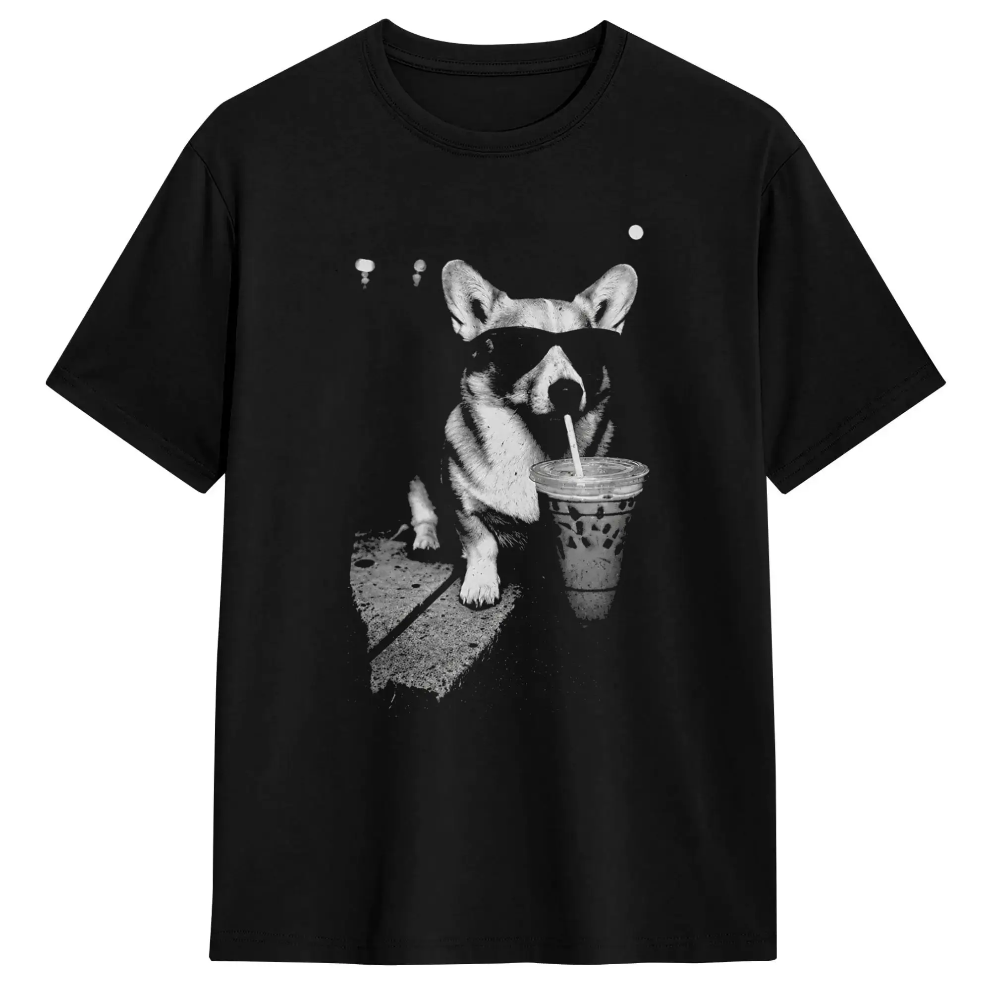 Corgi trinkt Eiskaffee, lustiges Corgi-Hund-Kaffee-Vintage-T-Shirt, Strand-Streetwear-T-Shirts, Hipster-T-Shirt aus reiner Baumwolle