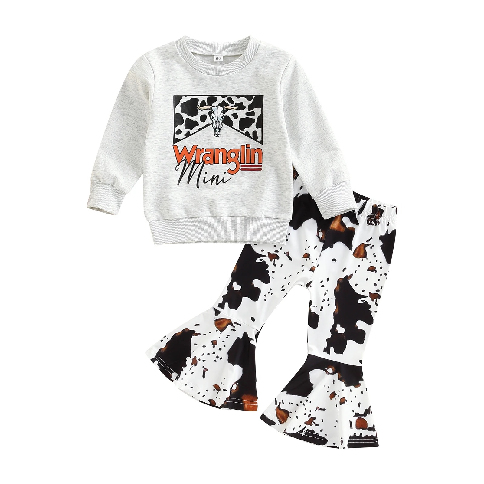 Kid Baby Girl Spring Autumn Clothes 2Pcs Set Letter Print Long Sleeve Round Neck Pullover + Cow Spot Print Flare Trousers 18M-6T