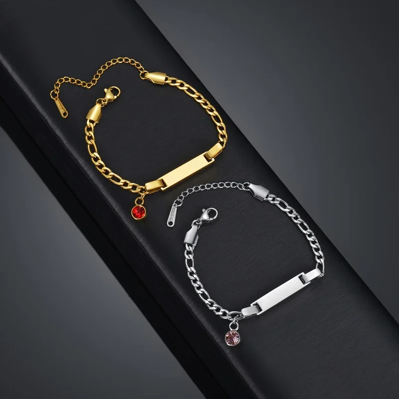 Custom Engraved Date Name Baby Chain Bracelet 12 Colors Birthstone Stainless Steel Children Bracelets Kid Personalized Jewelry