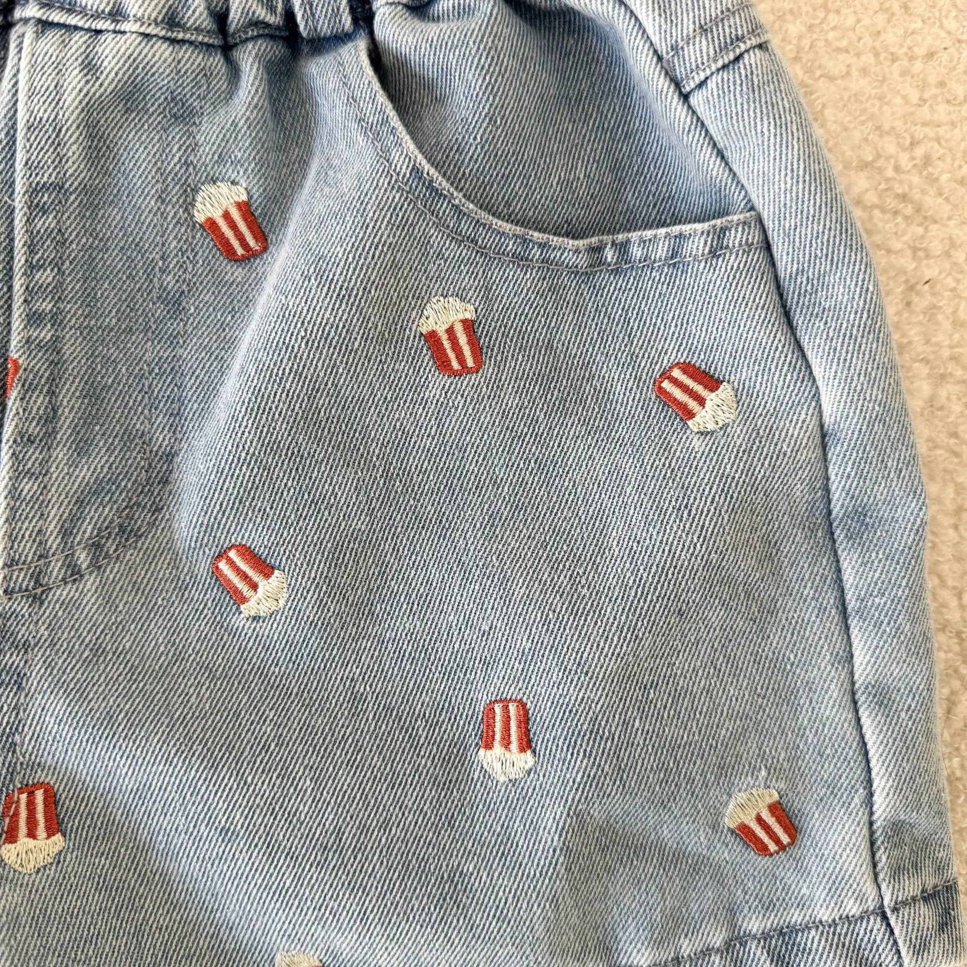 Children's Denim Shorts Embroidered Popcorn Casual Pants Summer Korean New Kids Baby Boys Girls Loose Jeans Shorts