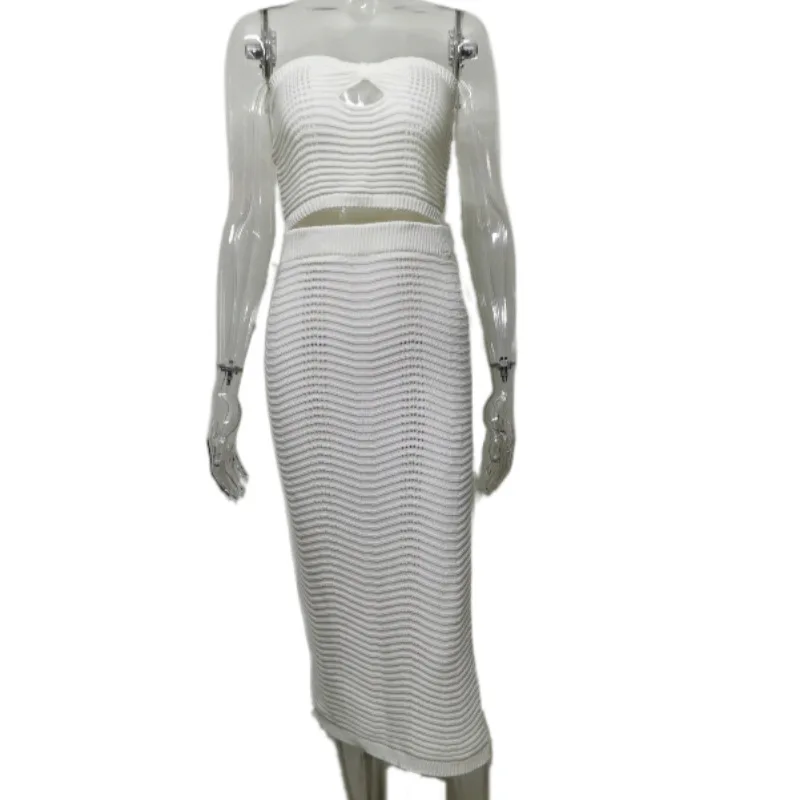 Female Knit Off-Shoulder Midi Skirt 2 Piece-Set High Split Long Skirt And Hollow Out Tube Tops Sets Elegant Ladies Outfits
